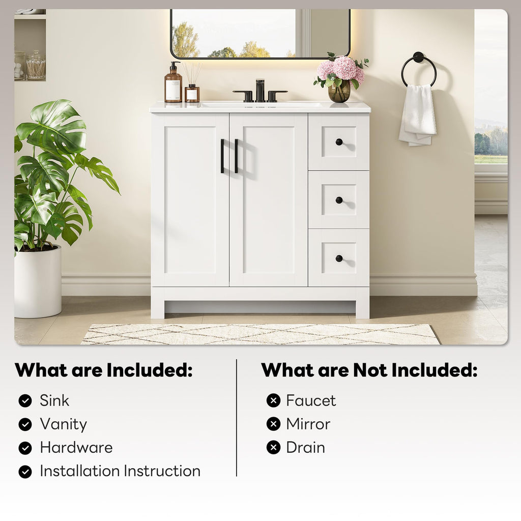 36" White Bathroom Vanity with Sink, 2 Soft-Close Drawers & Doors D925577