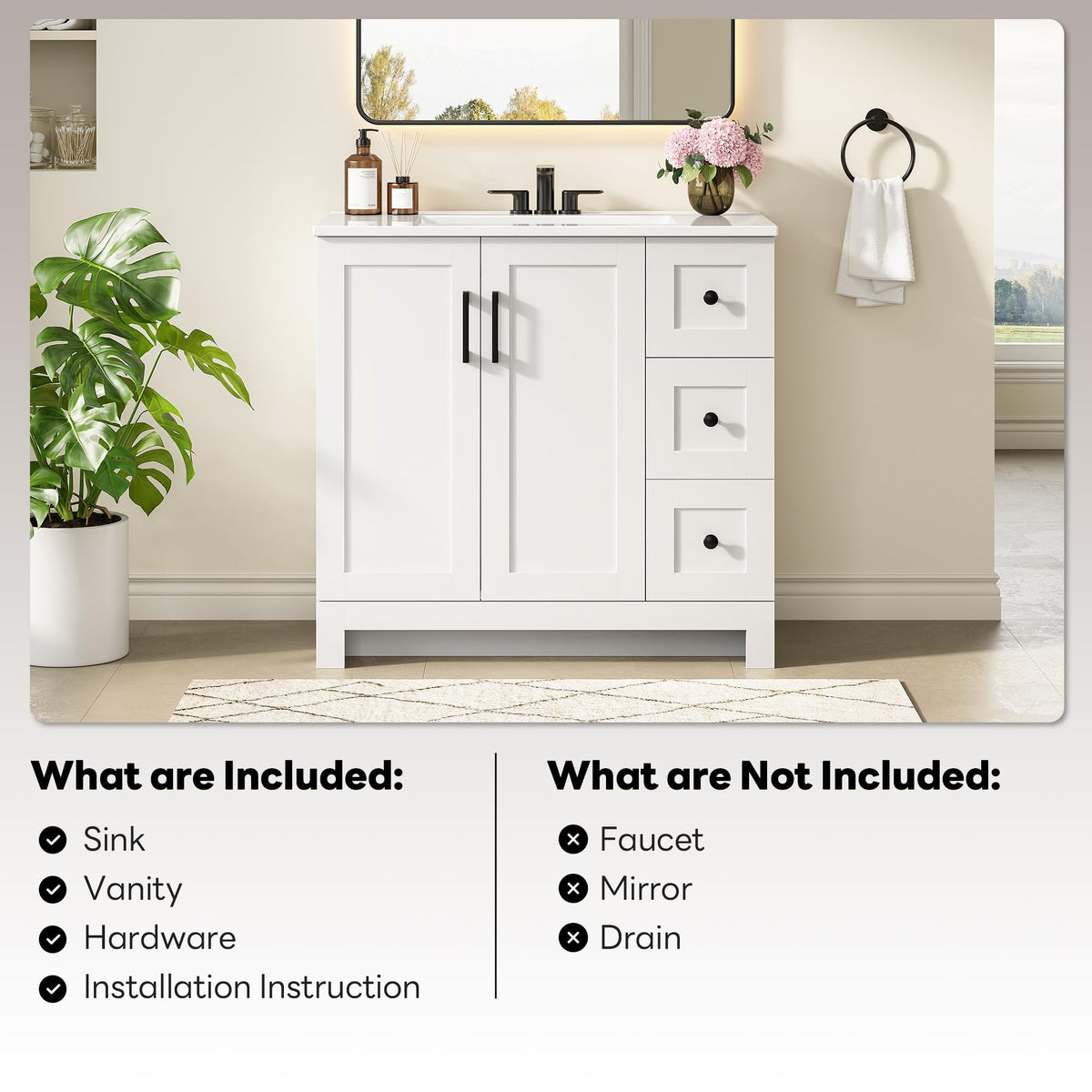 36" White Bathroom Vanity with Sink, 2 Soft-Close Drawers & Doors D925577