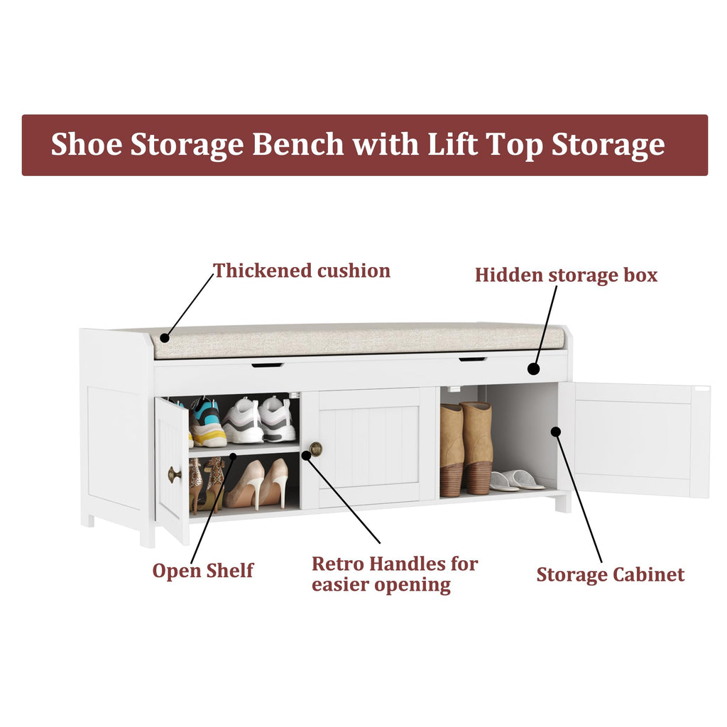 White Lift Top Storage Shoe Bench with Cushioned Seat G2486