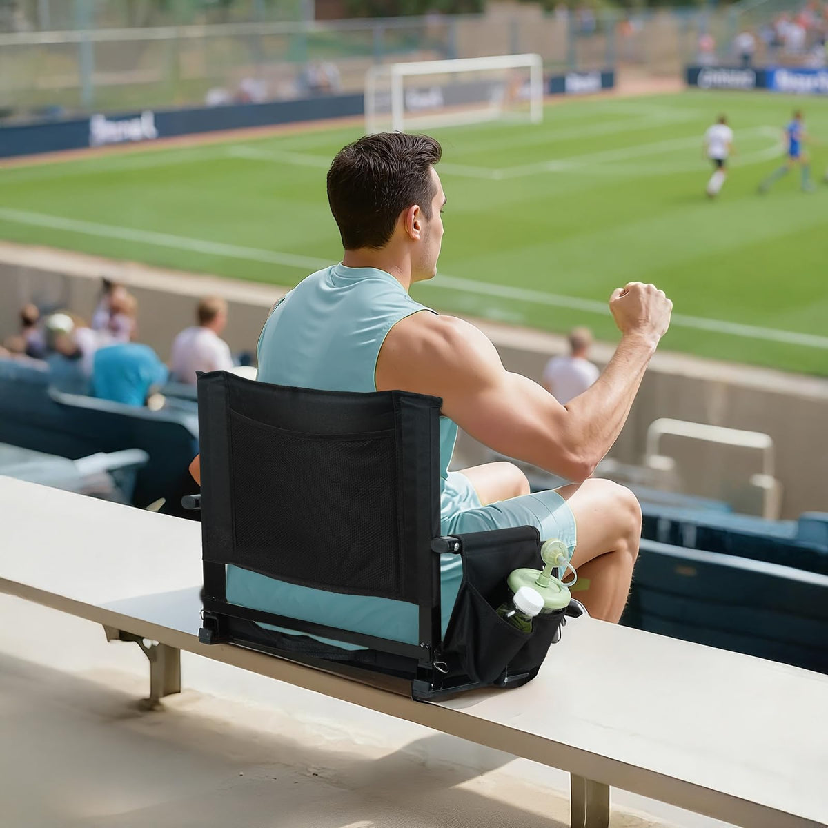 2 Pcs Folding Stadium Seat with Back Support and Cup Holder Black I3992