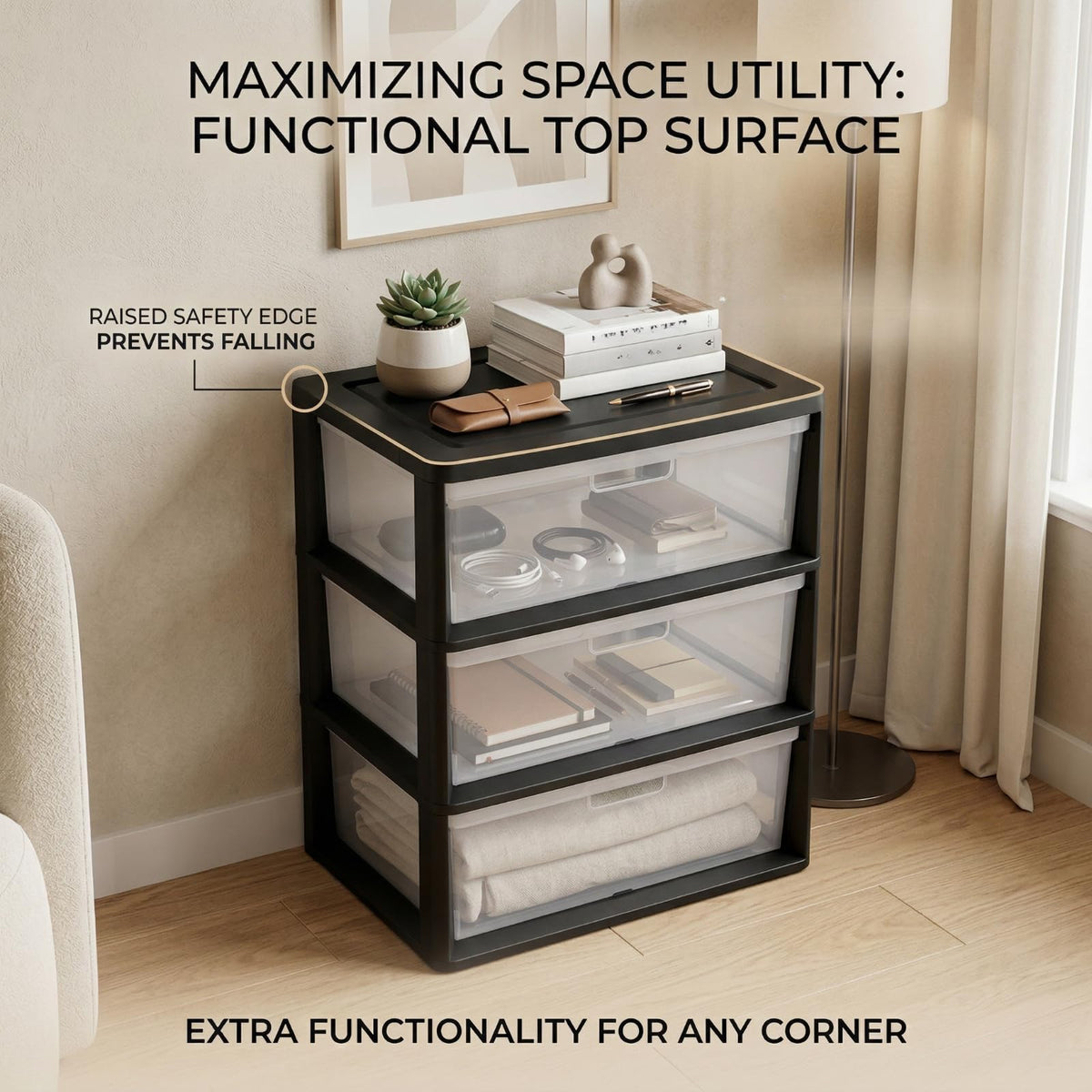 Black 3 Drawer Storage Organizer Tower with Clear Plastic Bins L1896