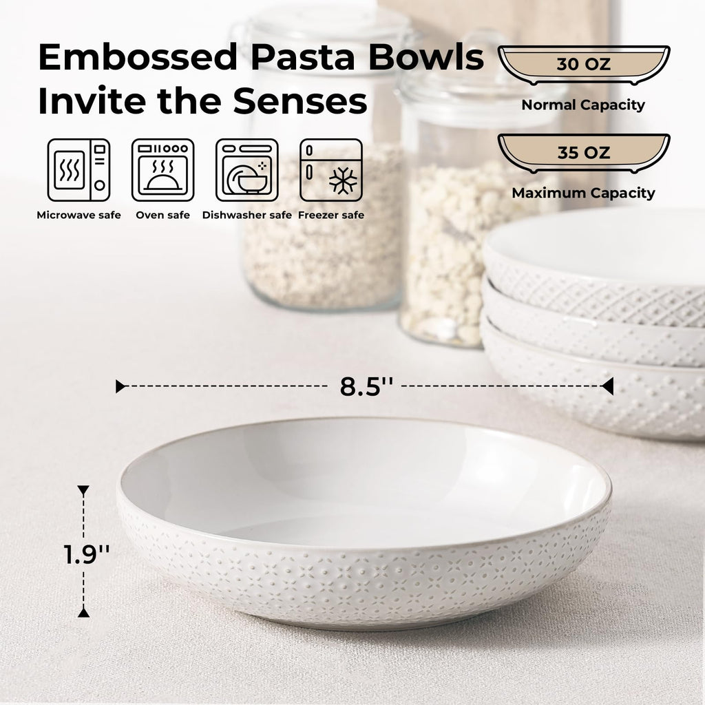8.5" Ceramic Pasta Bowls Set of 4, 30 oz Soft White D277240