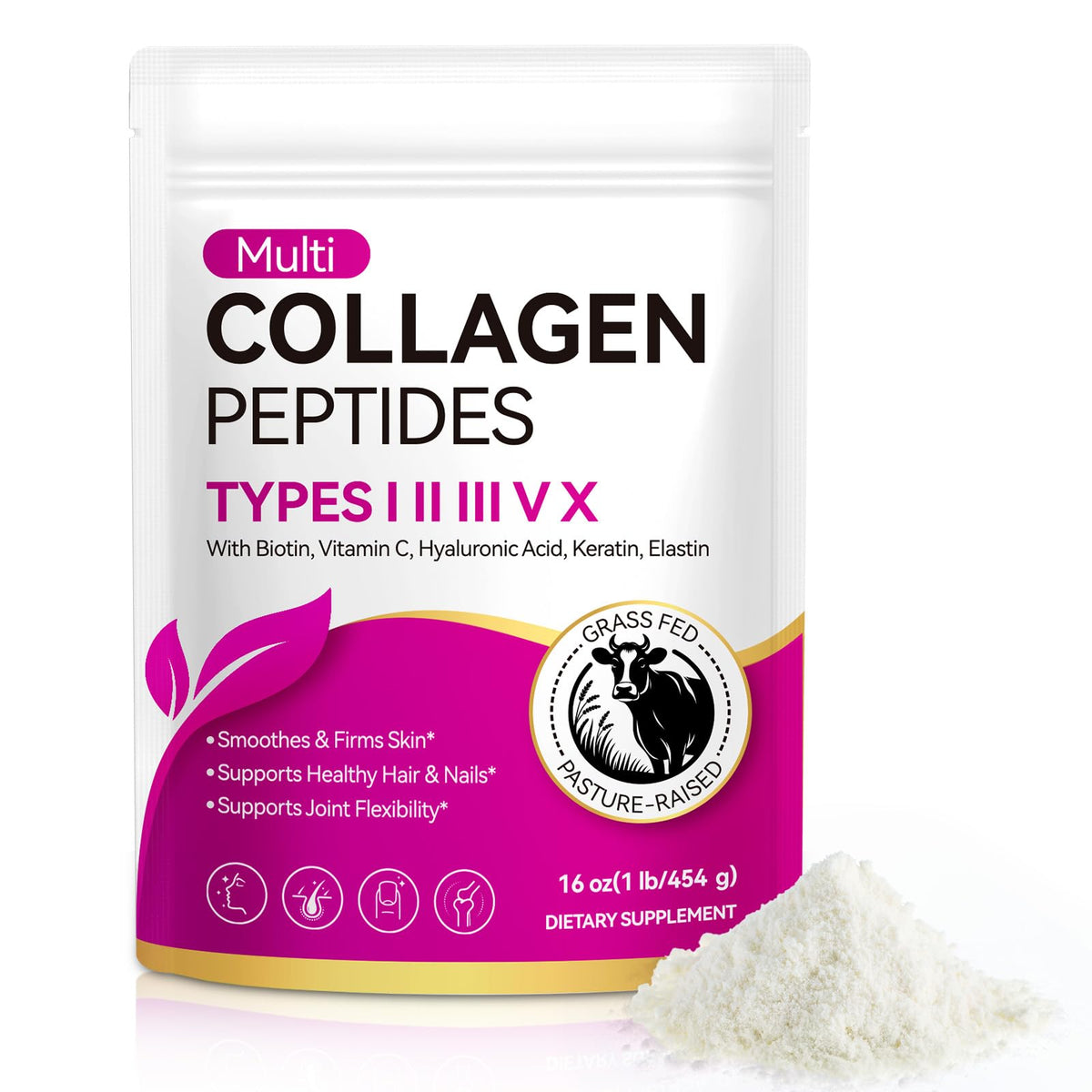Multi Collagen Peptides Powder Type I II III V X 16oz Y341