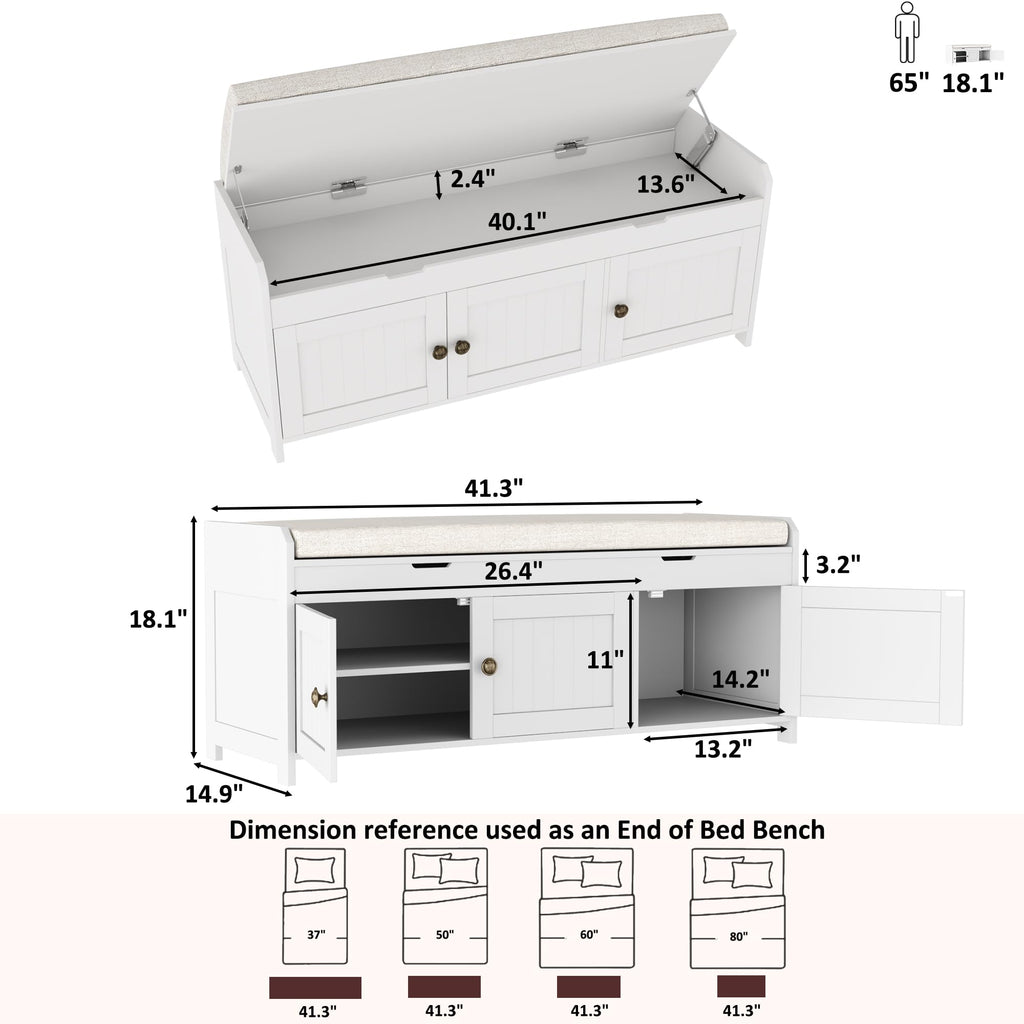 White Lift Top Storage Shoe Bench with Cushioned Seat G2486