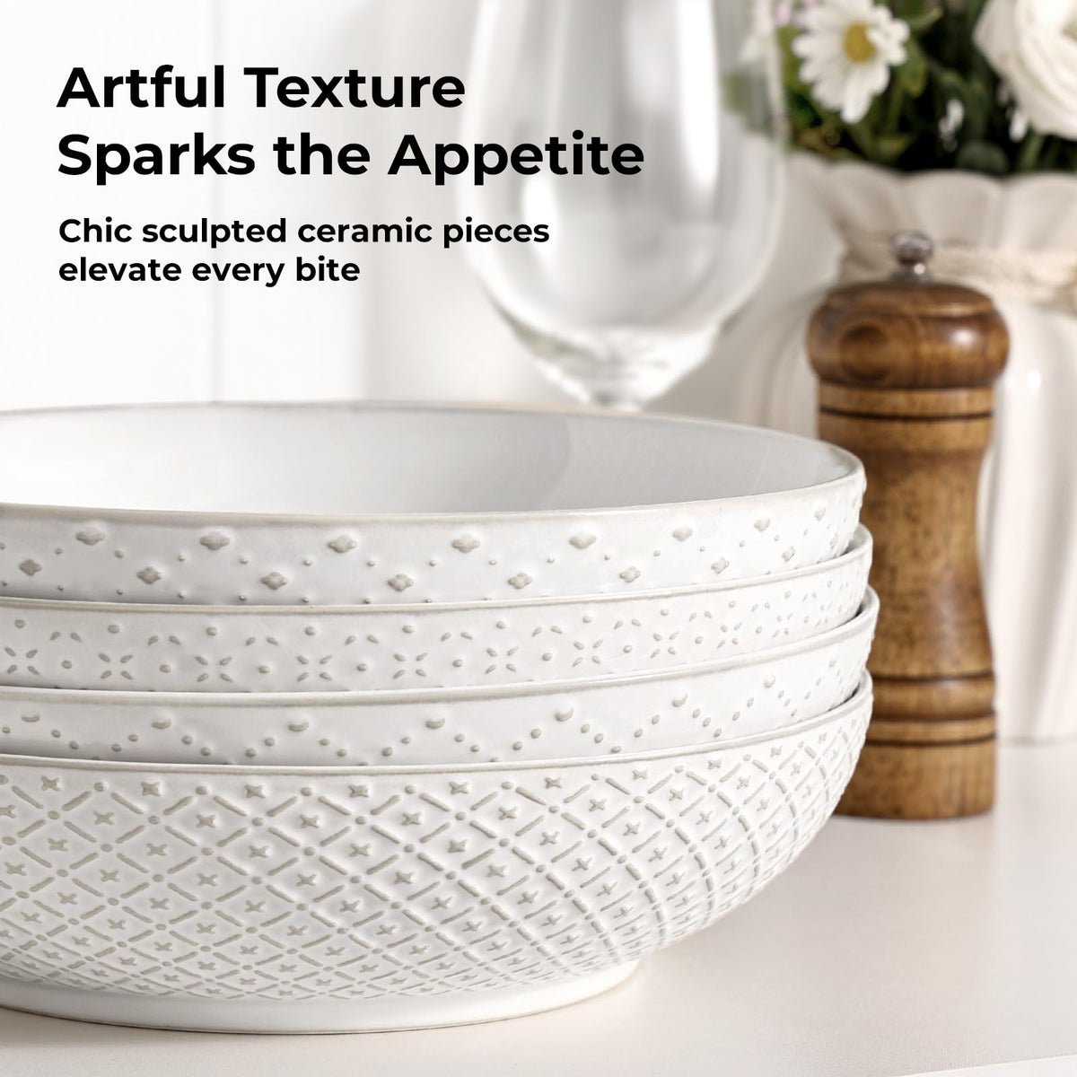 8.5" Ceramic Pasta Bowls Set of 4, 30 oz Soft White D277240