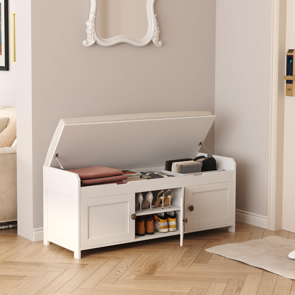 White Lift Top Storage Shoe Bench with Cushioned Seat G2486