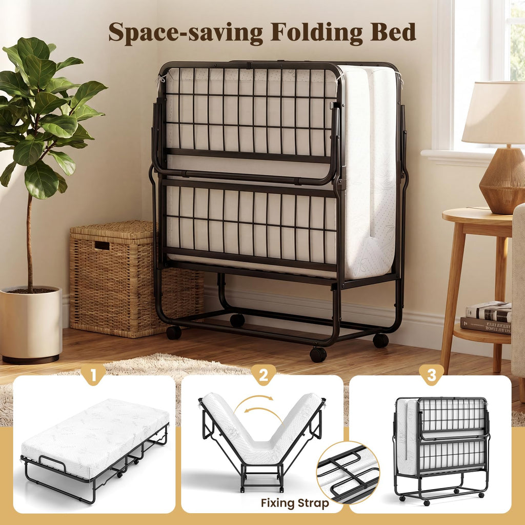 Folding Bed with 5-Inch Mattress, Twin Size Foldable Guest Bed with Metal Frame X557