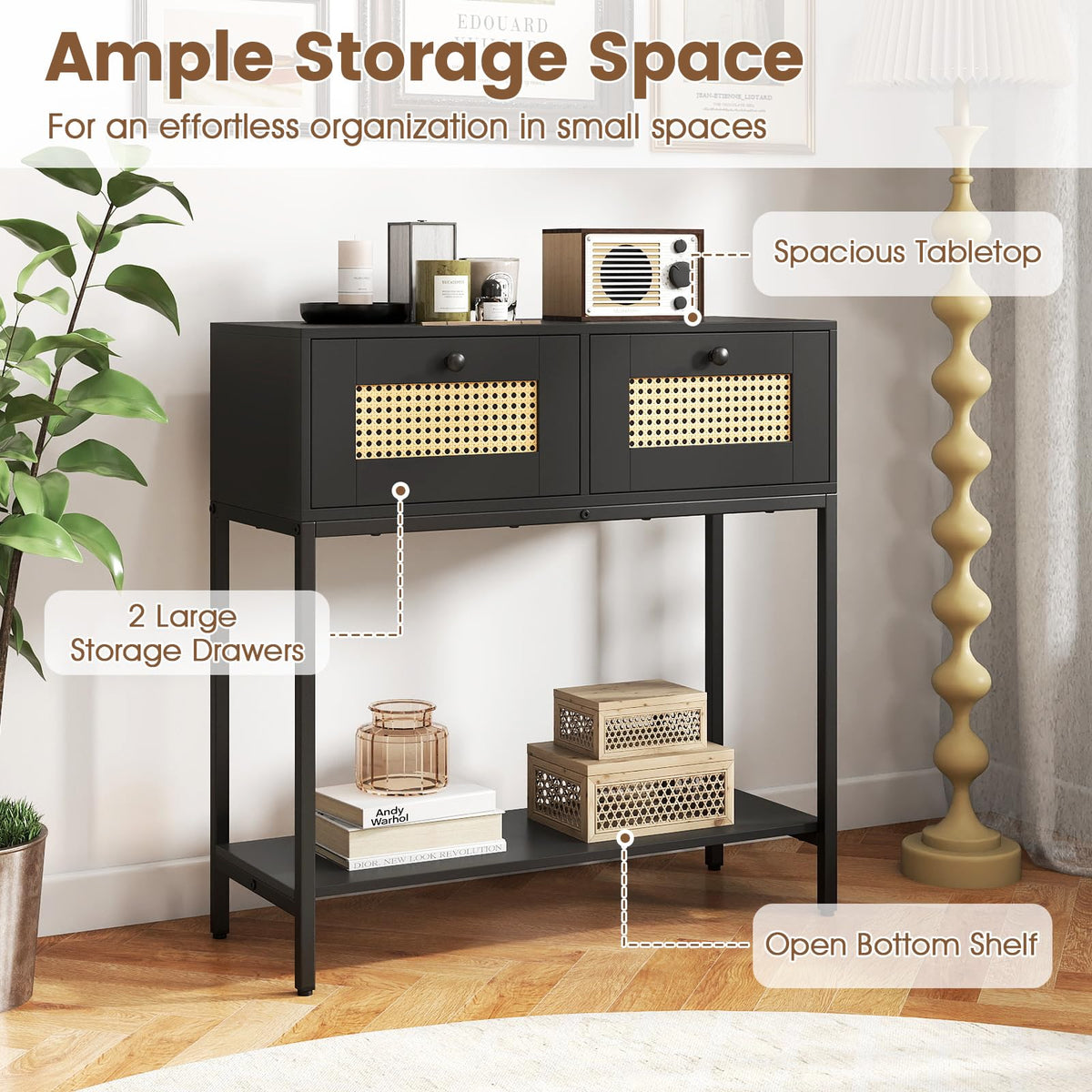 Rattan Console Table with Two Drawers and Open Storage Shelf X924429