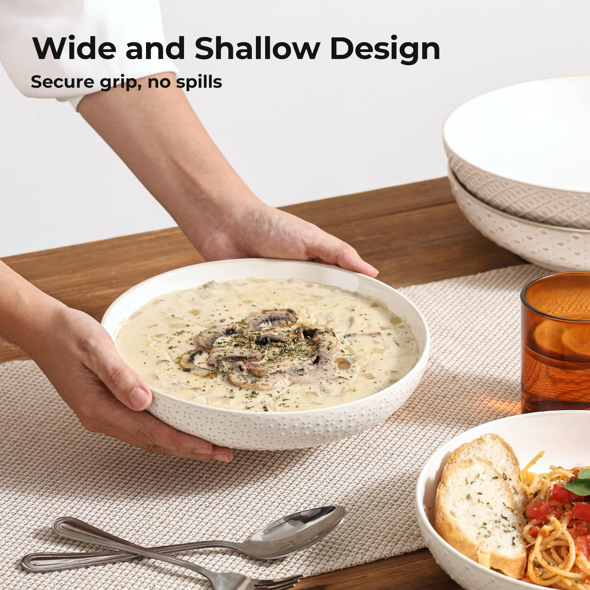 8.5" Ceramic Pasta Bowls Set of 4, 30 oz Soft White D277240