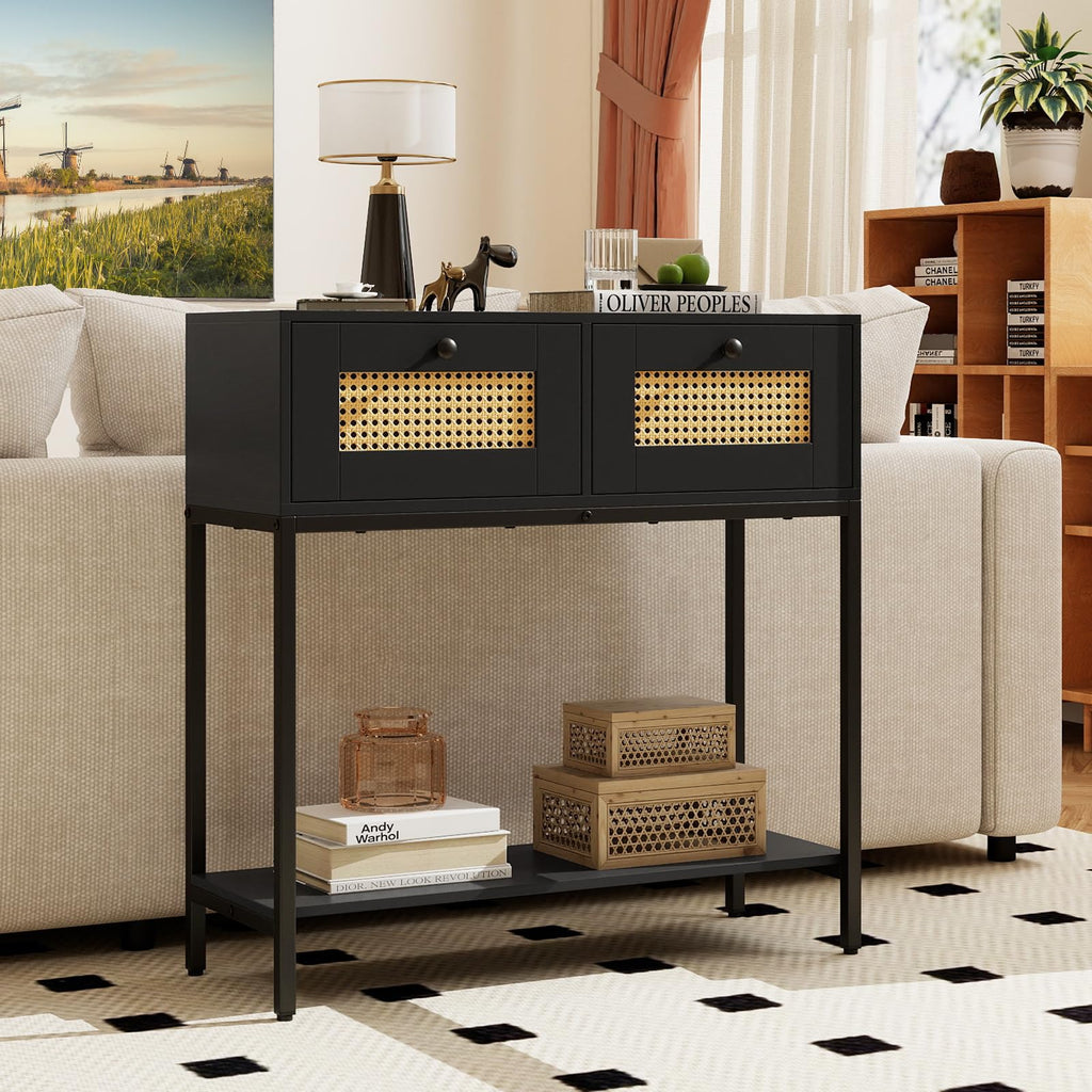 Rattan Console Table with Two Drawers and Open Storage Shelf X924429