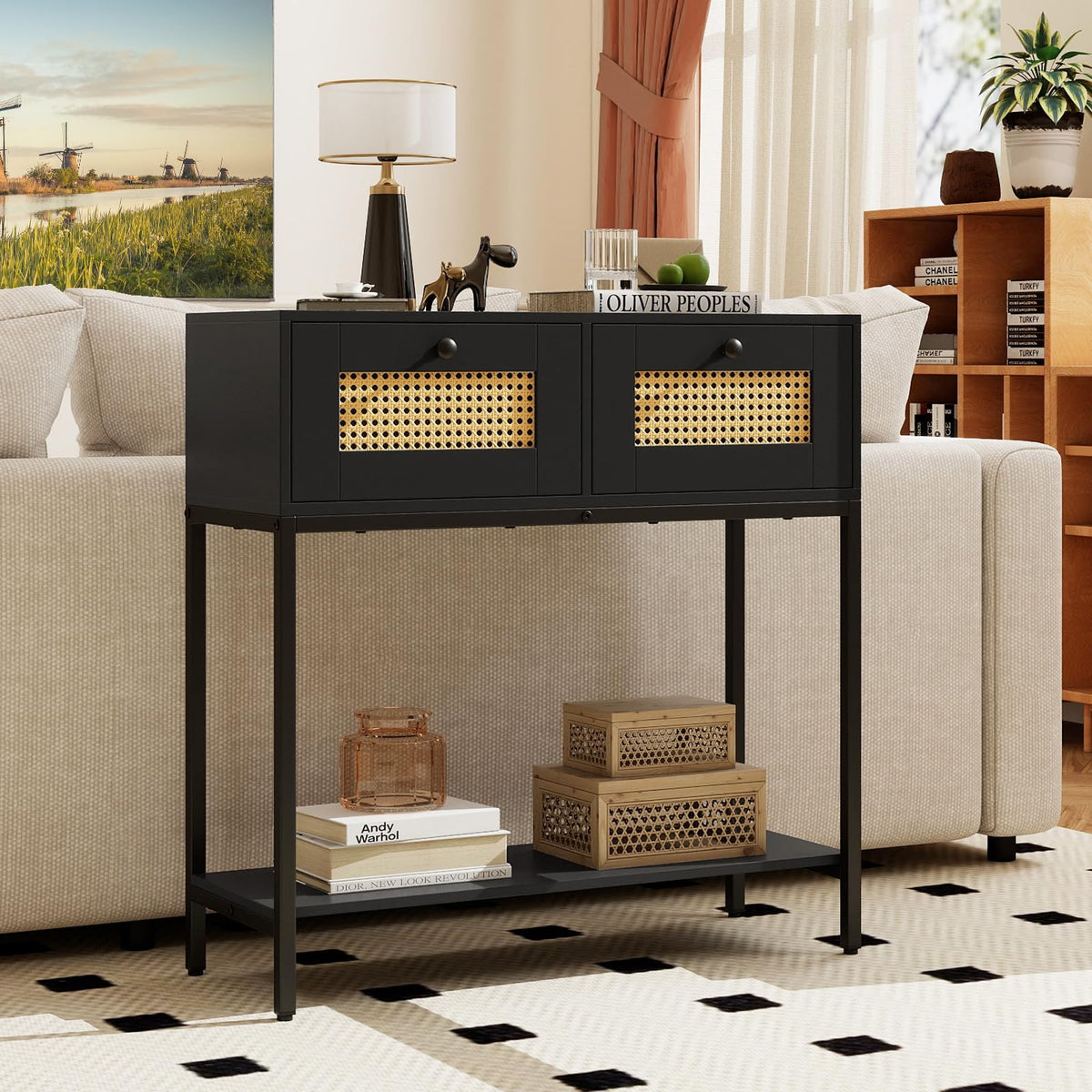 Rattan Console Table with Two Drawers and Open Storage Shelf X924429