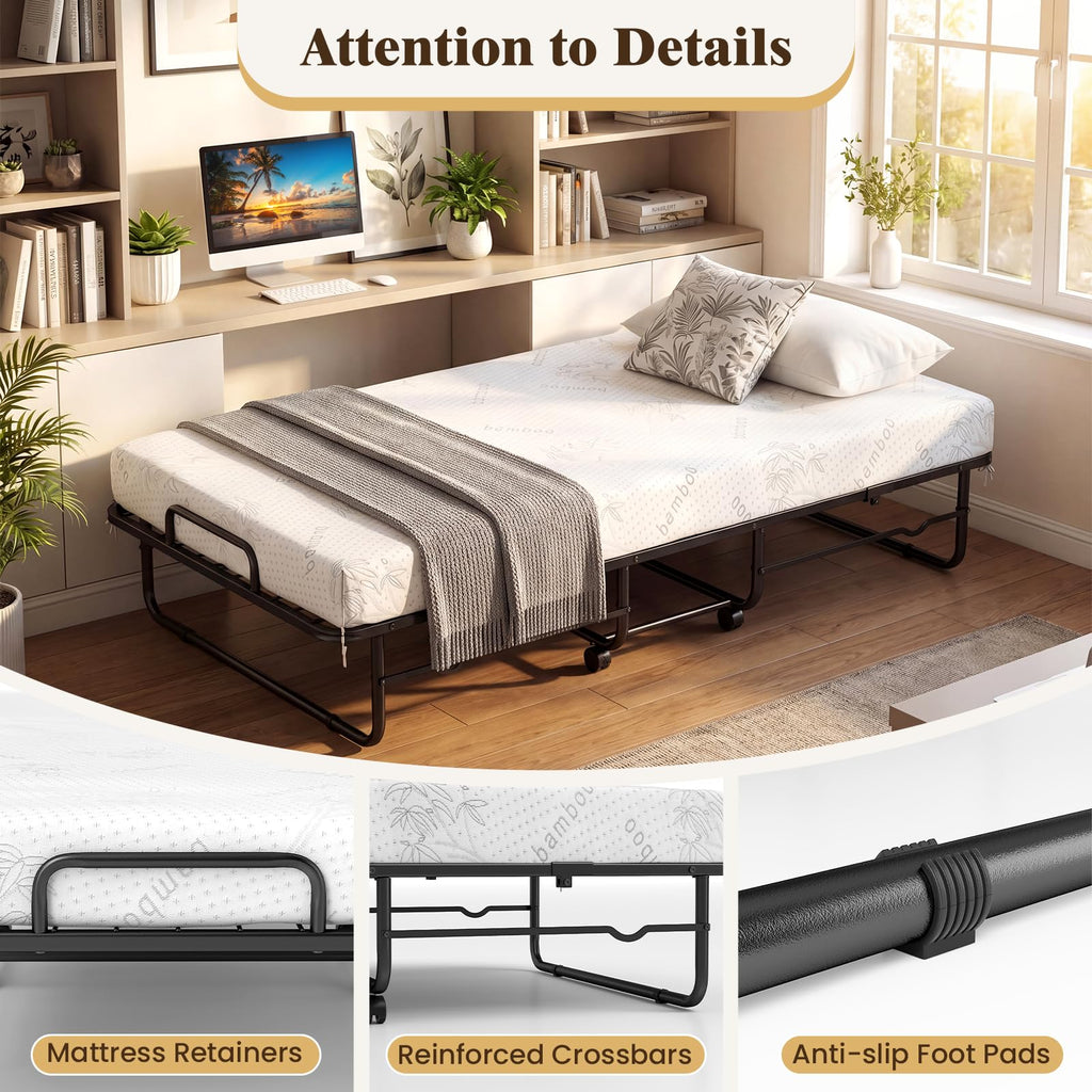 Folding Bed with 5-Inch Mattress, Twin Size Foldable Guest Bed with Metal Frame X557
