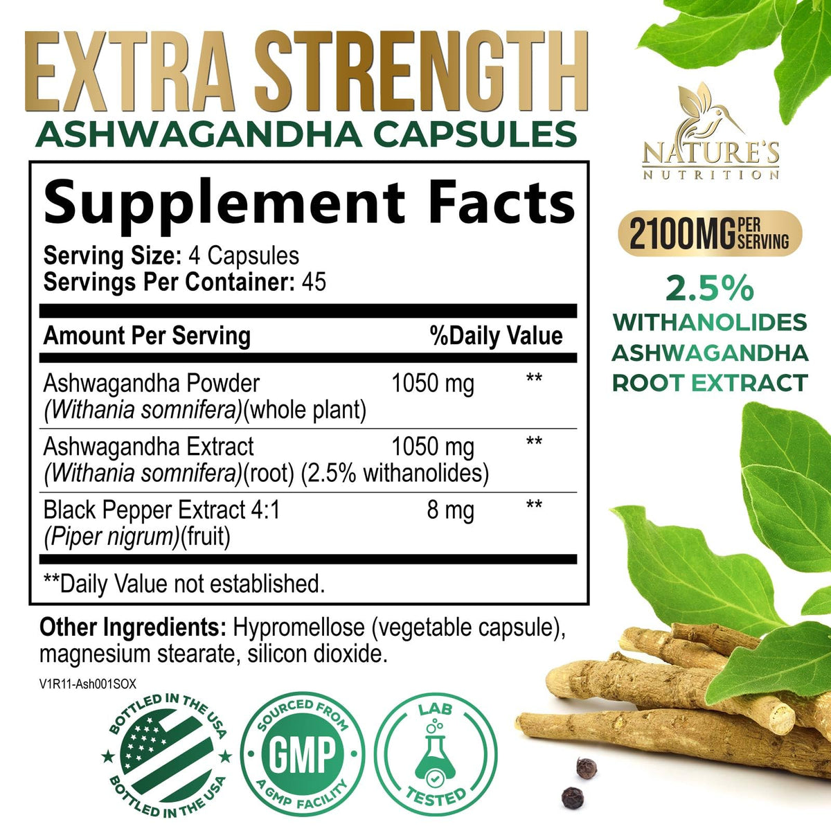 Ashwagandha Capsules with Black Pepper Vegan 180 Capsules X76906
