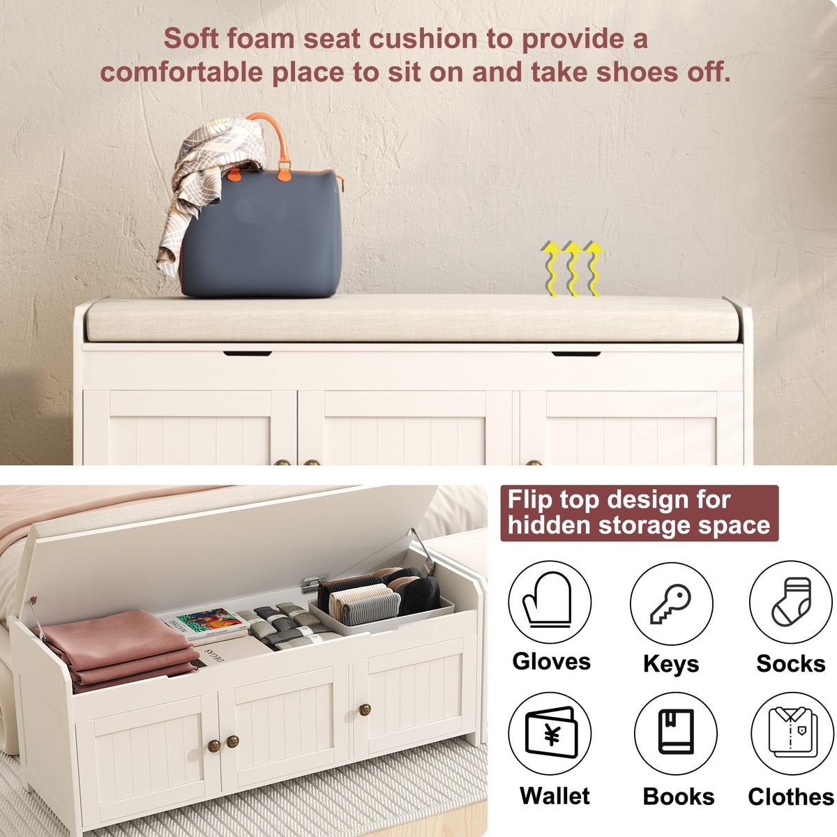 White Lift Top Storage Shoe Bench with Cushioned Seat G2486
