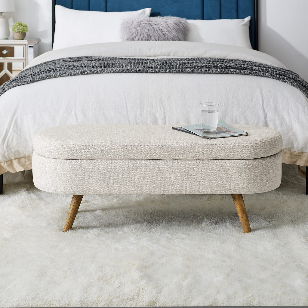 Beige Oval Storage Bench with Rubber Wood Legs Y137538