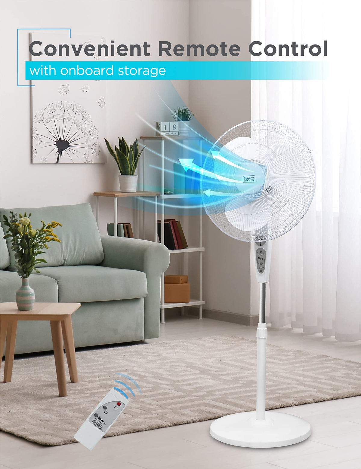 18-Inch Stand Fan with Remote and 3-Speed Settings, White Y1908