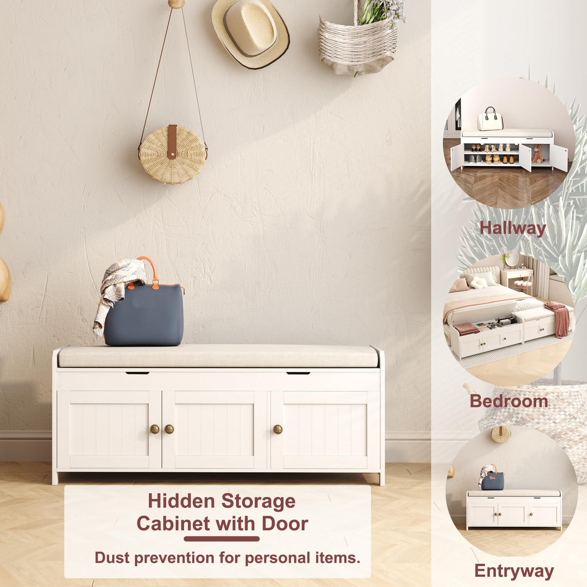 White Lift Top Storage Shoe Bench with Cushioned Seat G2486