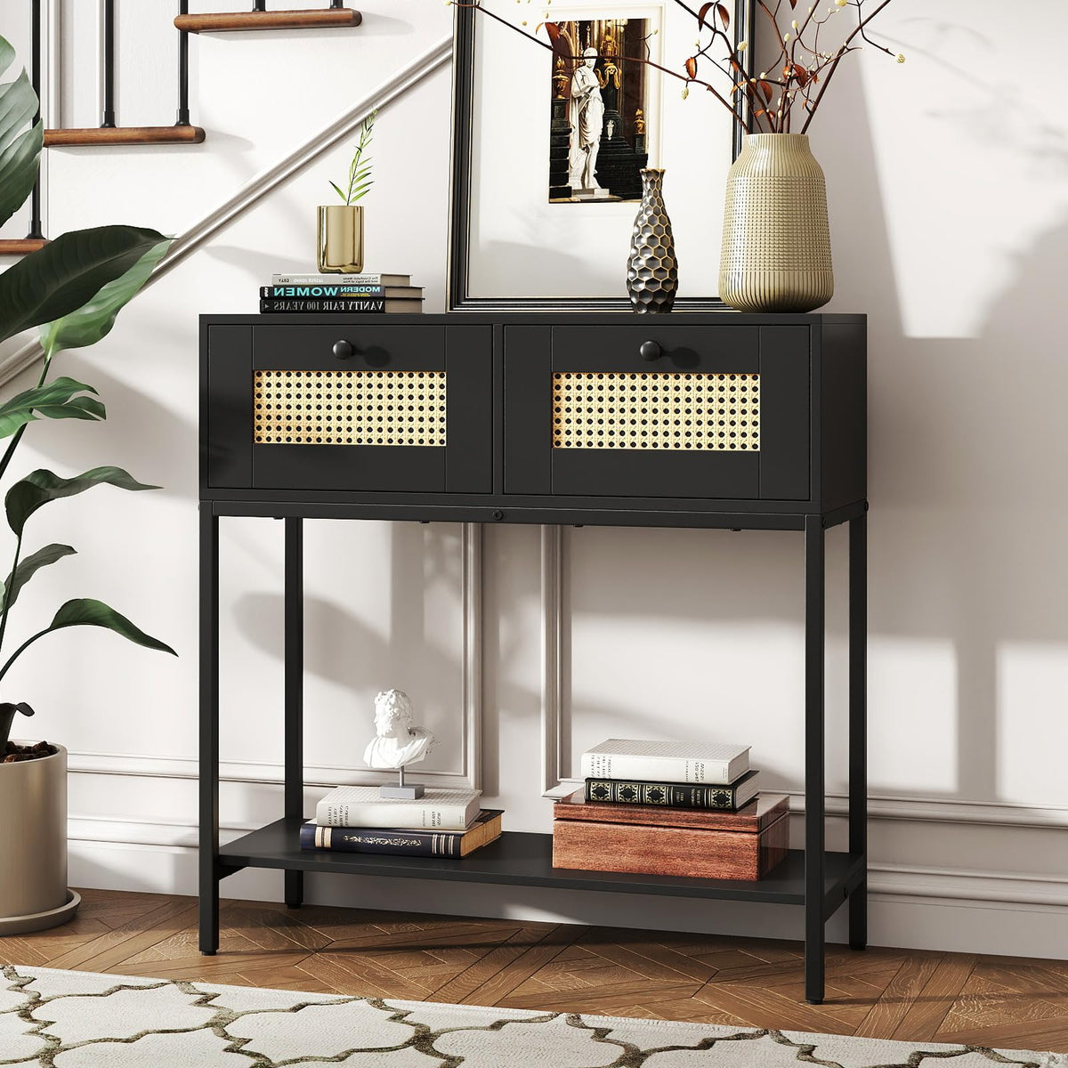 Rattan Console Table with Two Drawers and Open Storage Shelf X924429