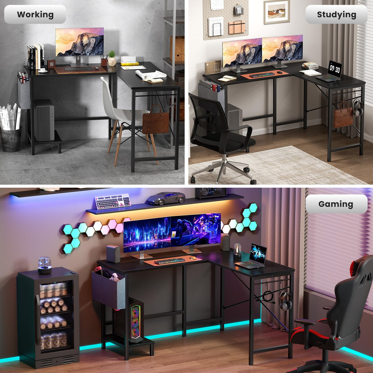 L Shaped Computer Corner Desk with PC Stand, Black W861