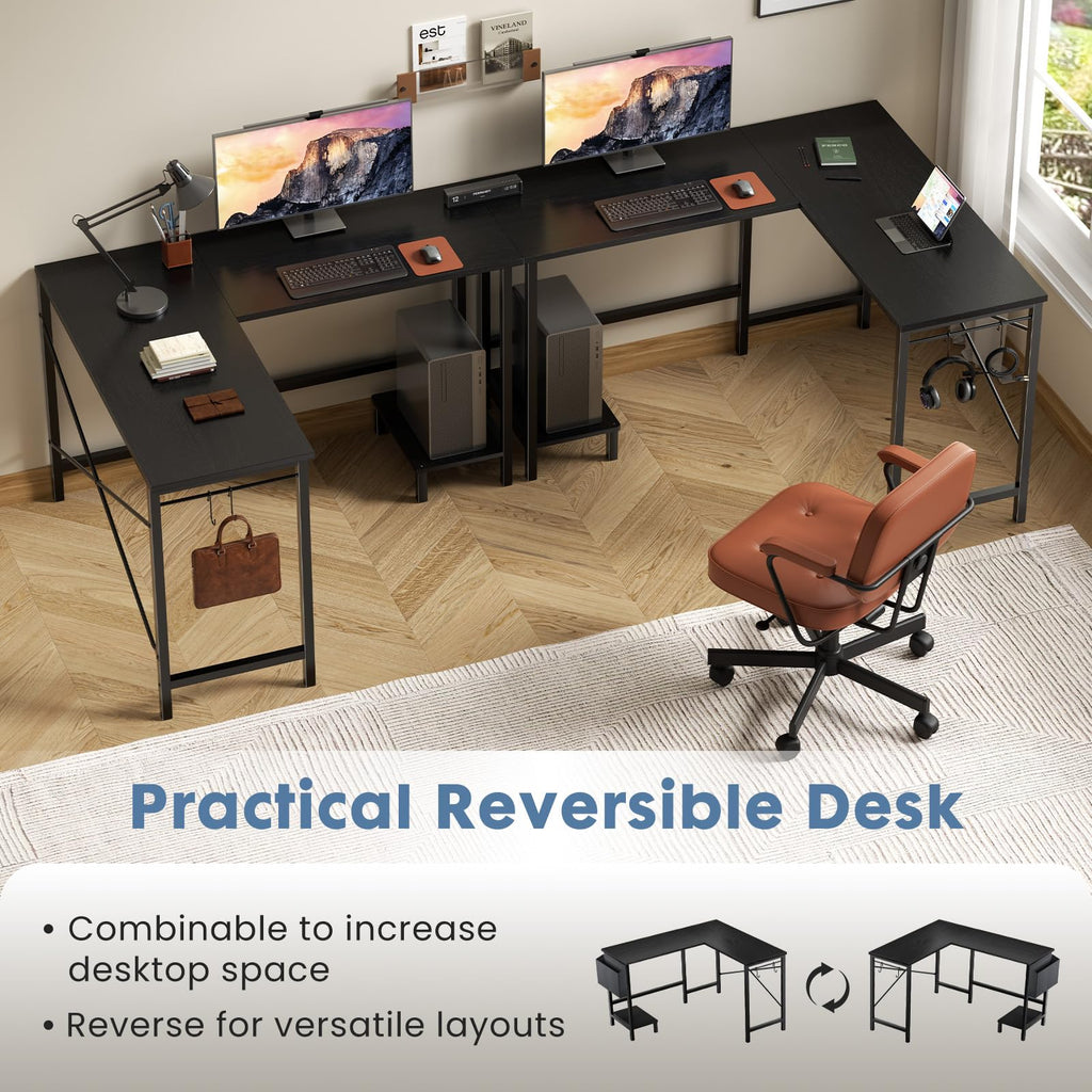 L Shaped Computer Corner Desk with PC Stand, Black W861