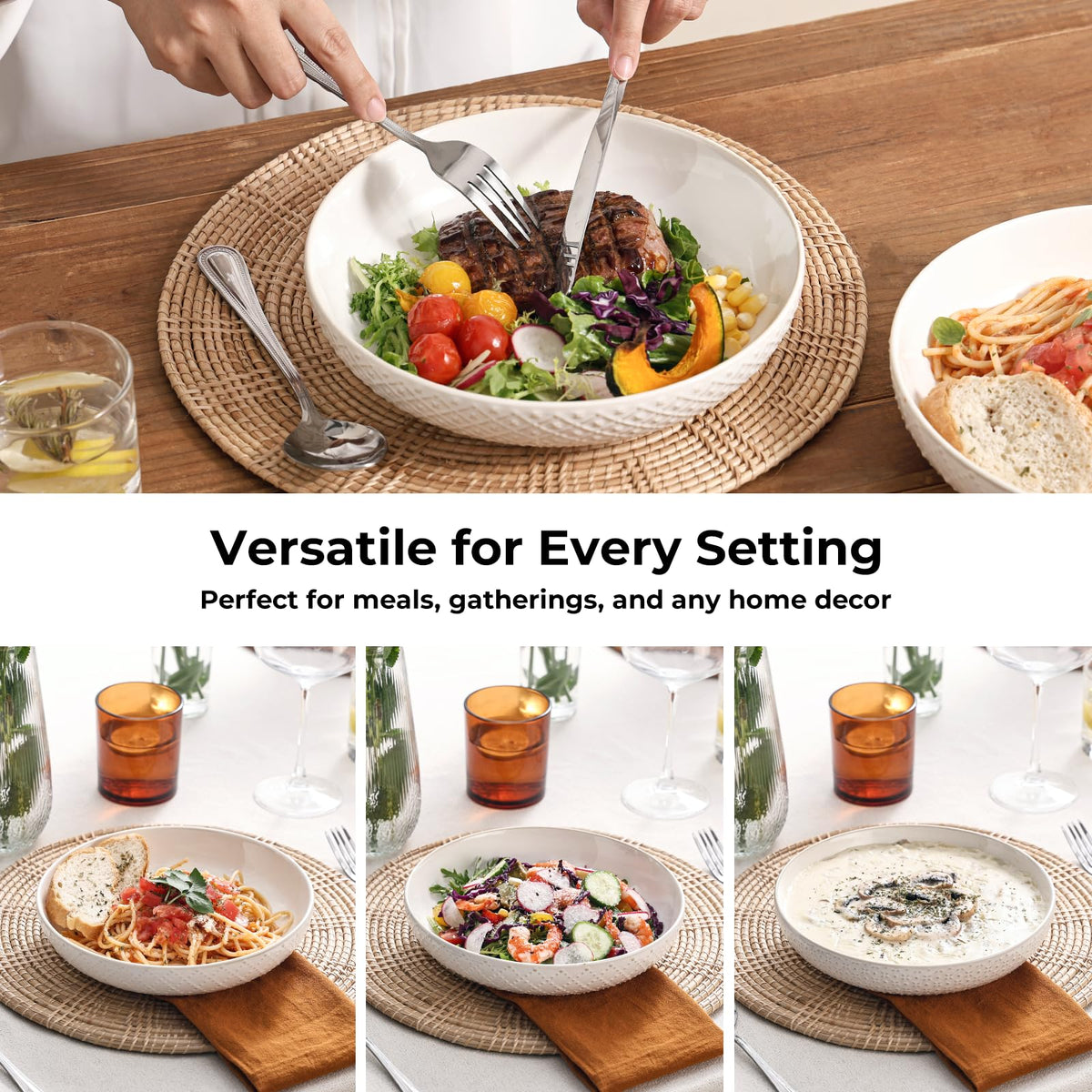 8.5" Ceramic Pasta Bowls Set of 4, 30 oz Soft White D277240