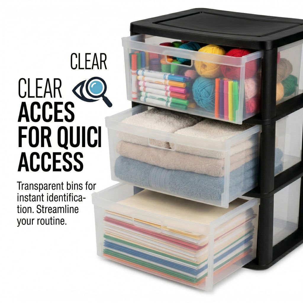 Black 3 Drawer Storage Organizer Tower with Clear Plastic Bins L1896