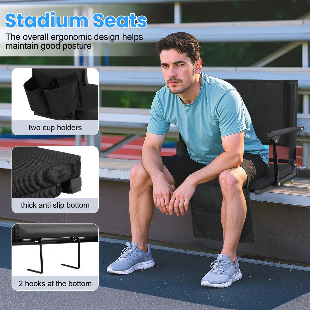 2 Pcs Folding Stadium Seat with Back Support and Cup Holder Black I3992