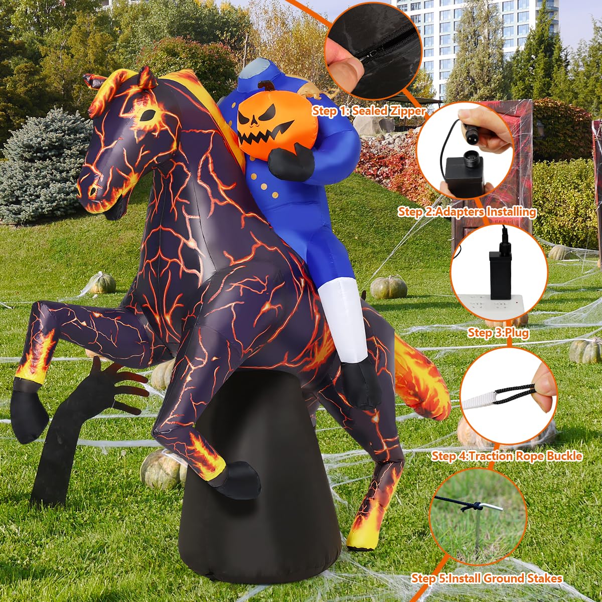6FT Halloween Inflatables Headless Horseman with Built-in LEDs V195316