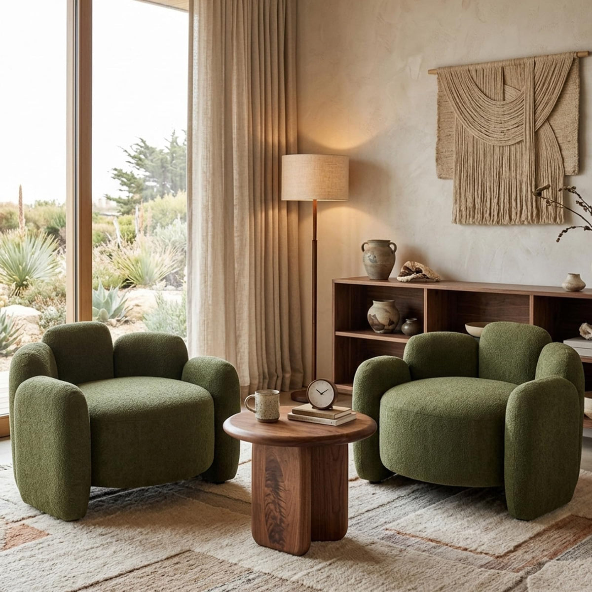 Green Mid-Century Modern Accent Chairs Set of 2 Upholstered Barrel Side Chairs with Solid Wood Base P797372