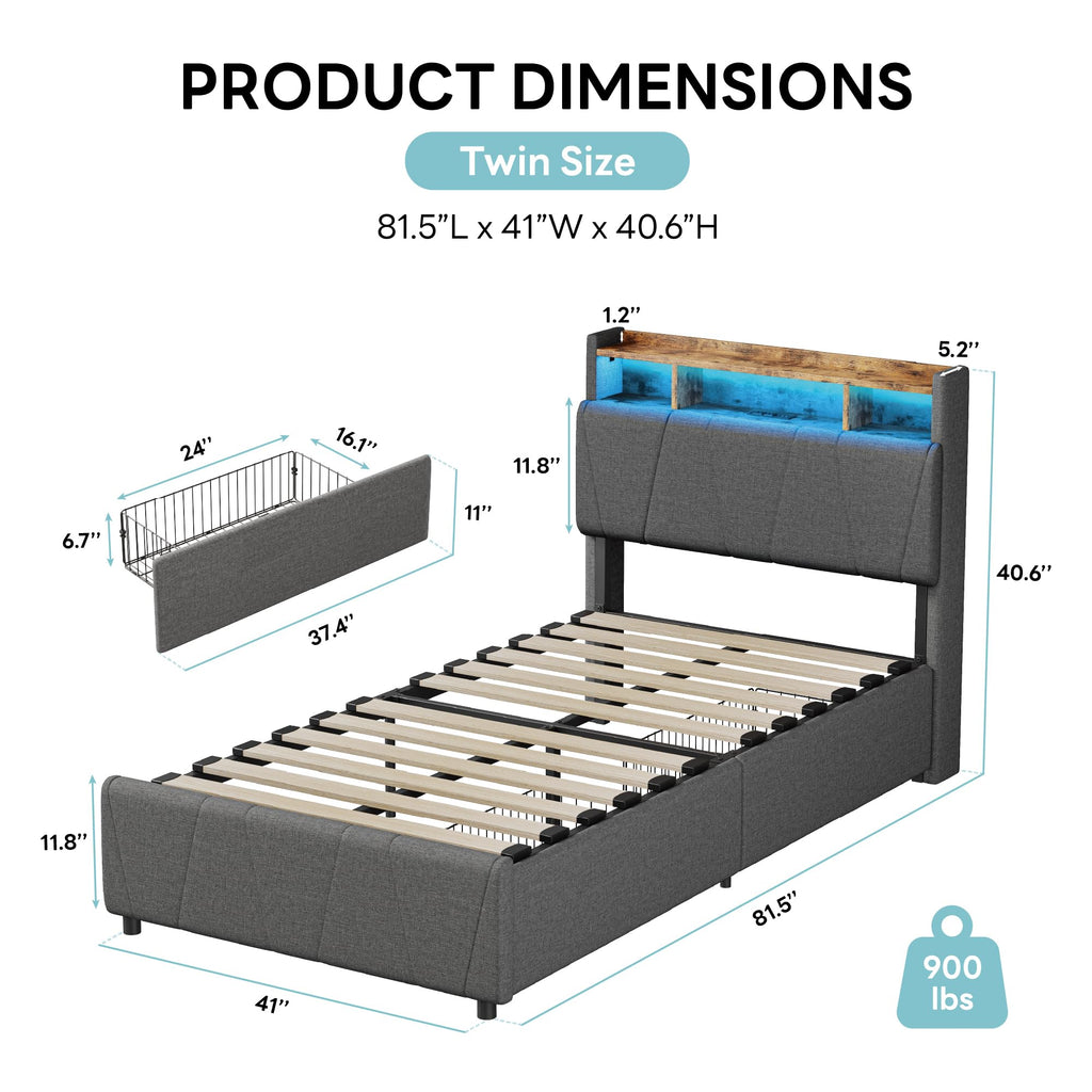 Twin Bed Frame with 2 Drawers, Charging Station & LED Lights, Grey Y5391