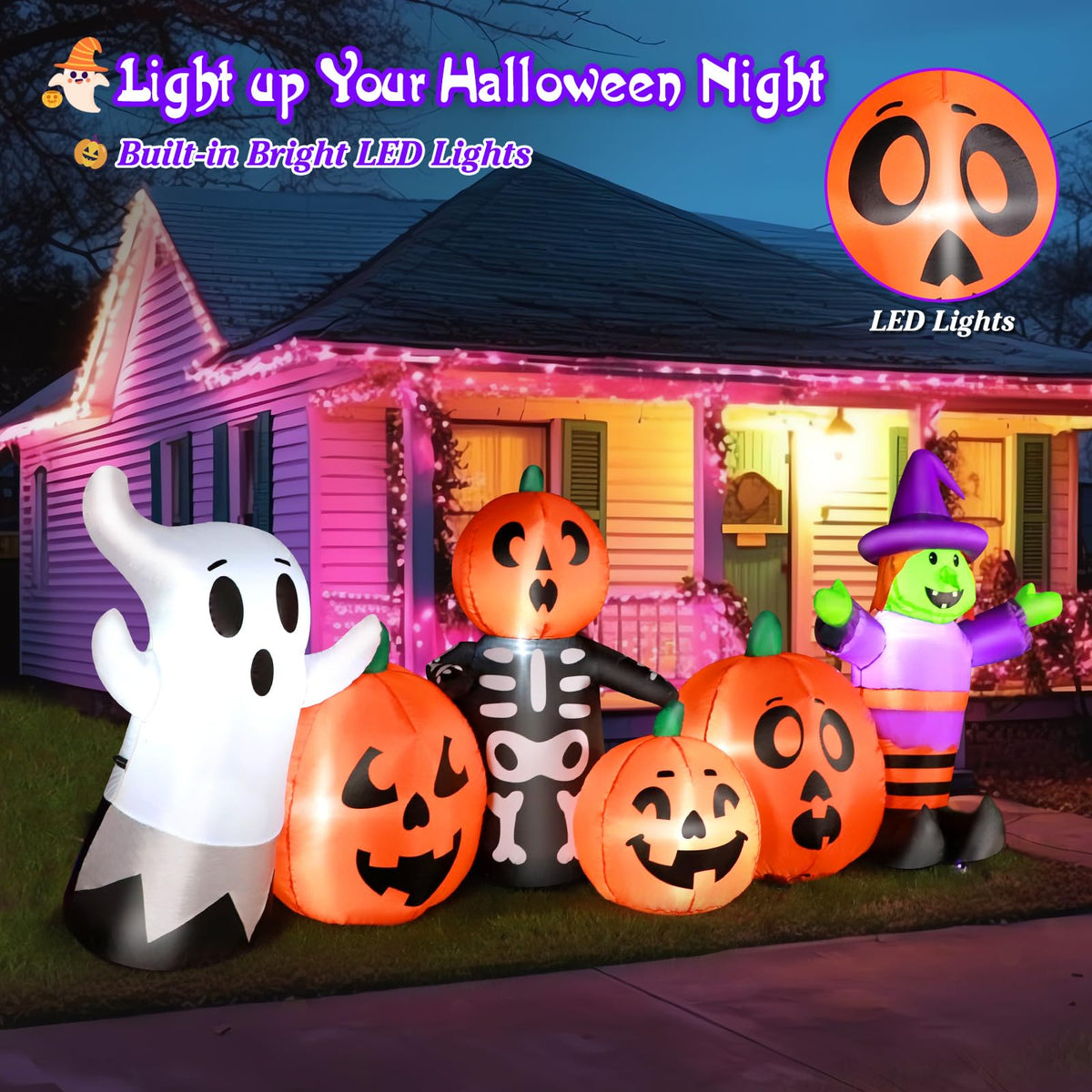 8 ft Halloween Inflatable Pumpkin Witch Ghost Skeleton Decoration with LED Lights E581