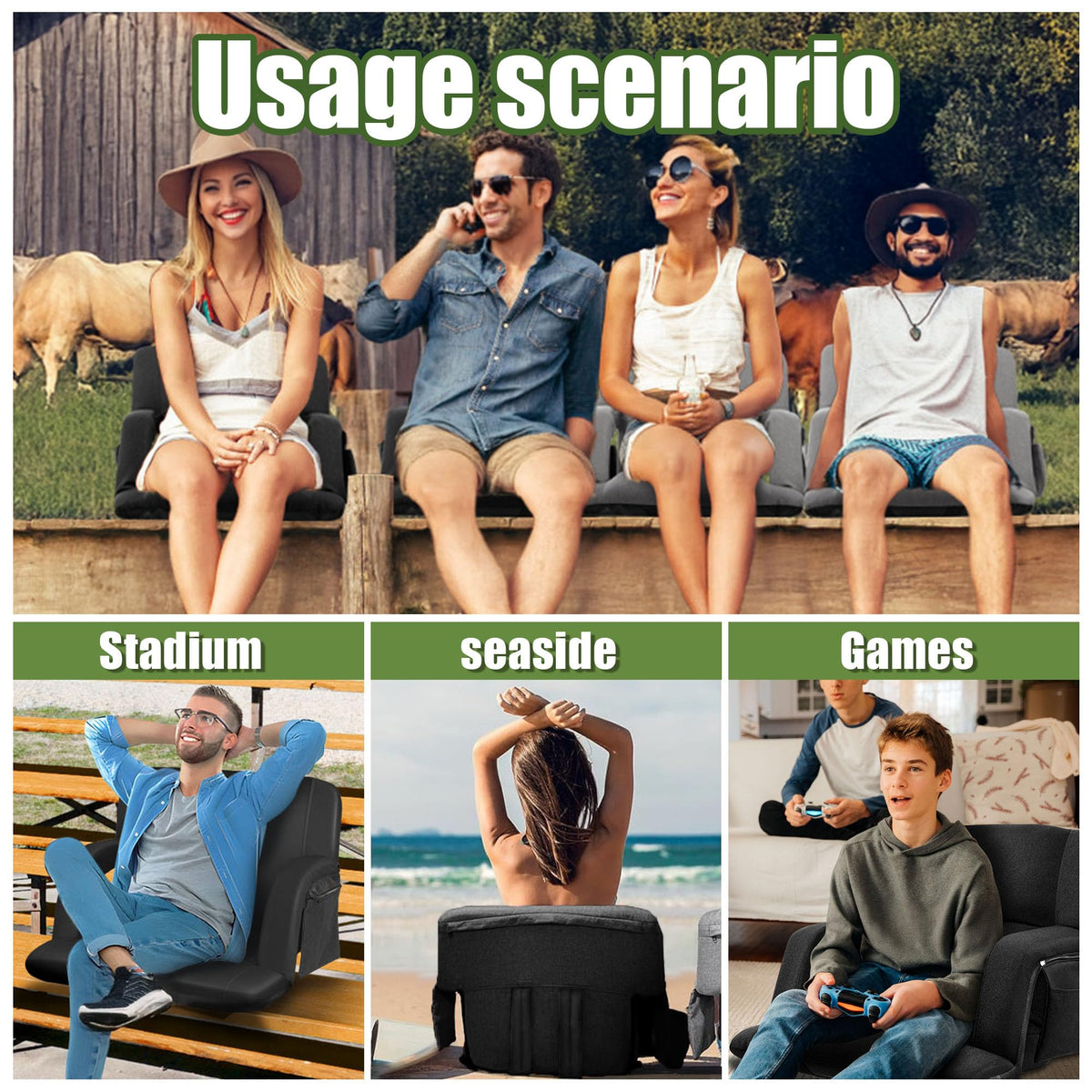 Extra Wide Folding Stadium Chairs with Back and Cushion, 6 Reclining Positions, Black L8915