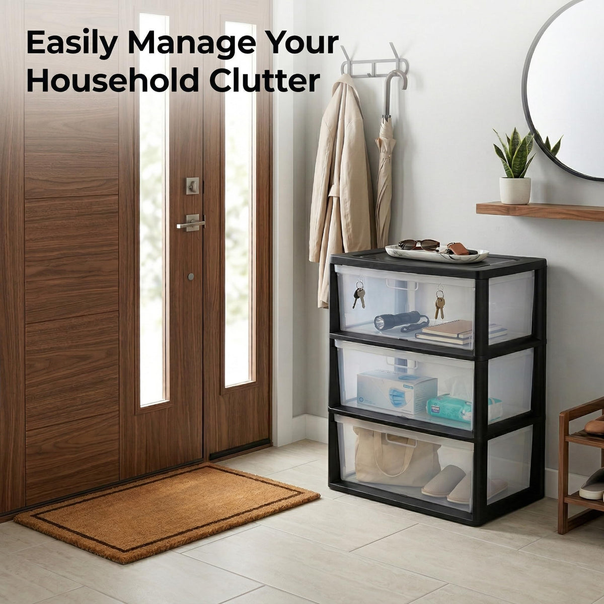 Black 3 Drawer Storage Organizer Tower with Clear Plastic Bins L1896
