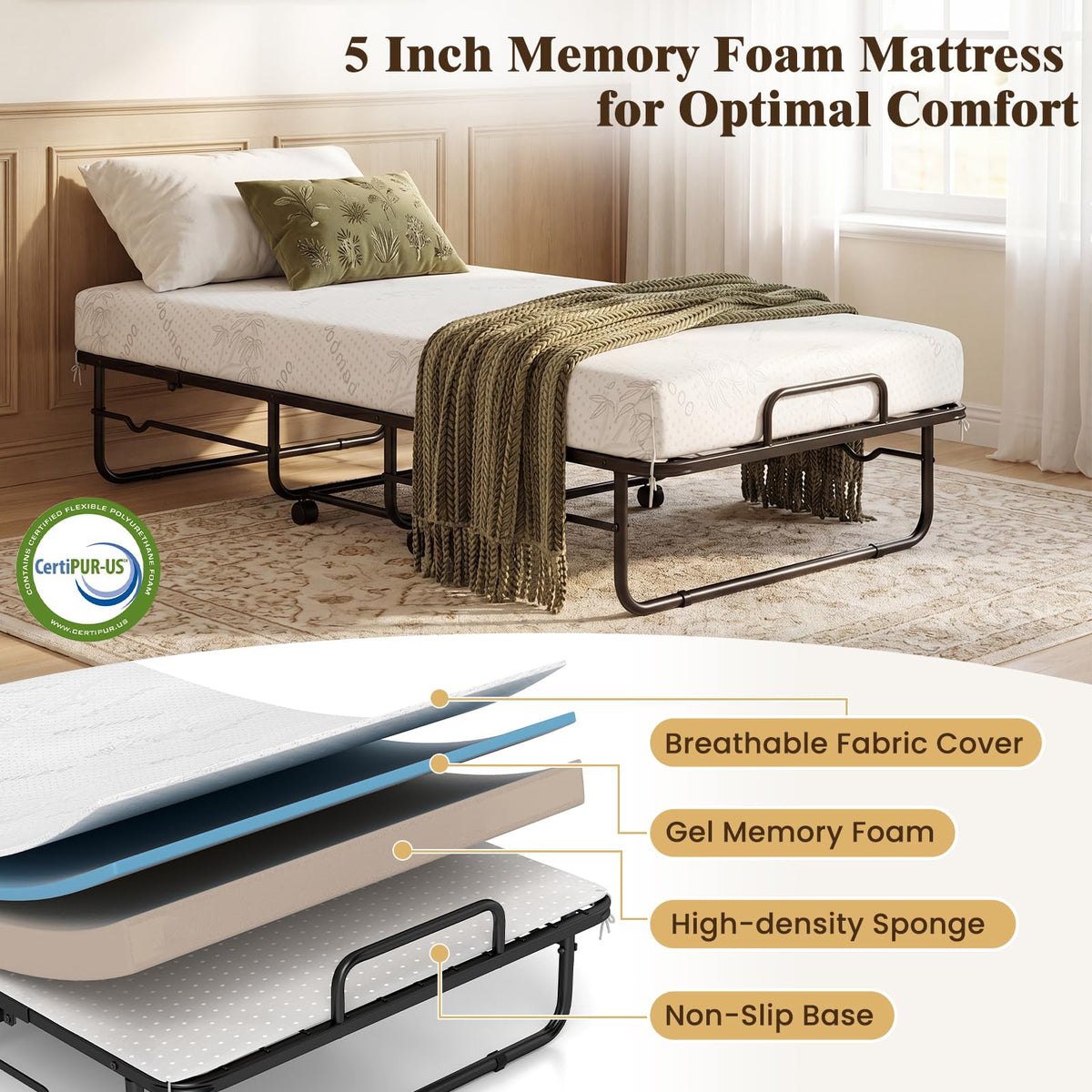 Folding Bed with 5-Inch Mattress, Twin Size Foldable Guest Bed with Metal Frame X557
