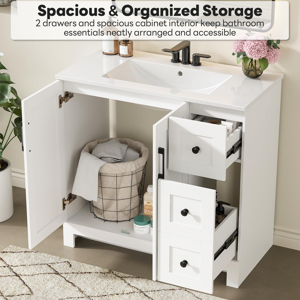 36" White Bathroom Vanity with Sink, 2 Soft-Close Drawers & Doors D925577