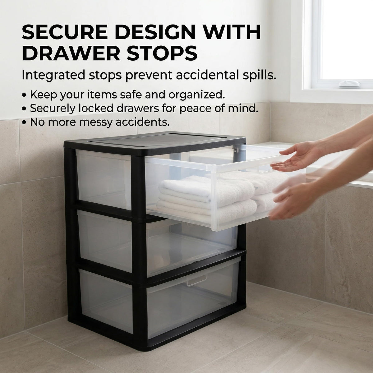 Black 3 Drawer Storage Organizer Tower with Clear Plastic Bins L1896