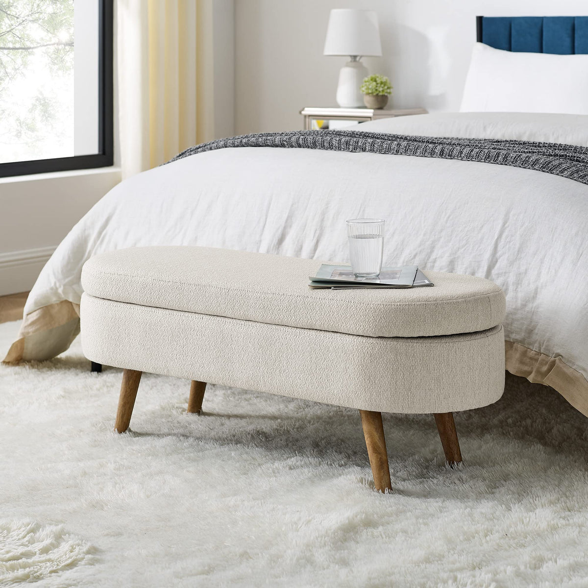 Beige Oval Storage Bench with Rubber Wood Legs Y137538
