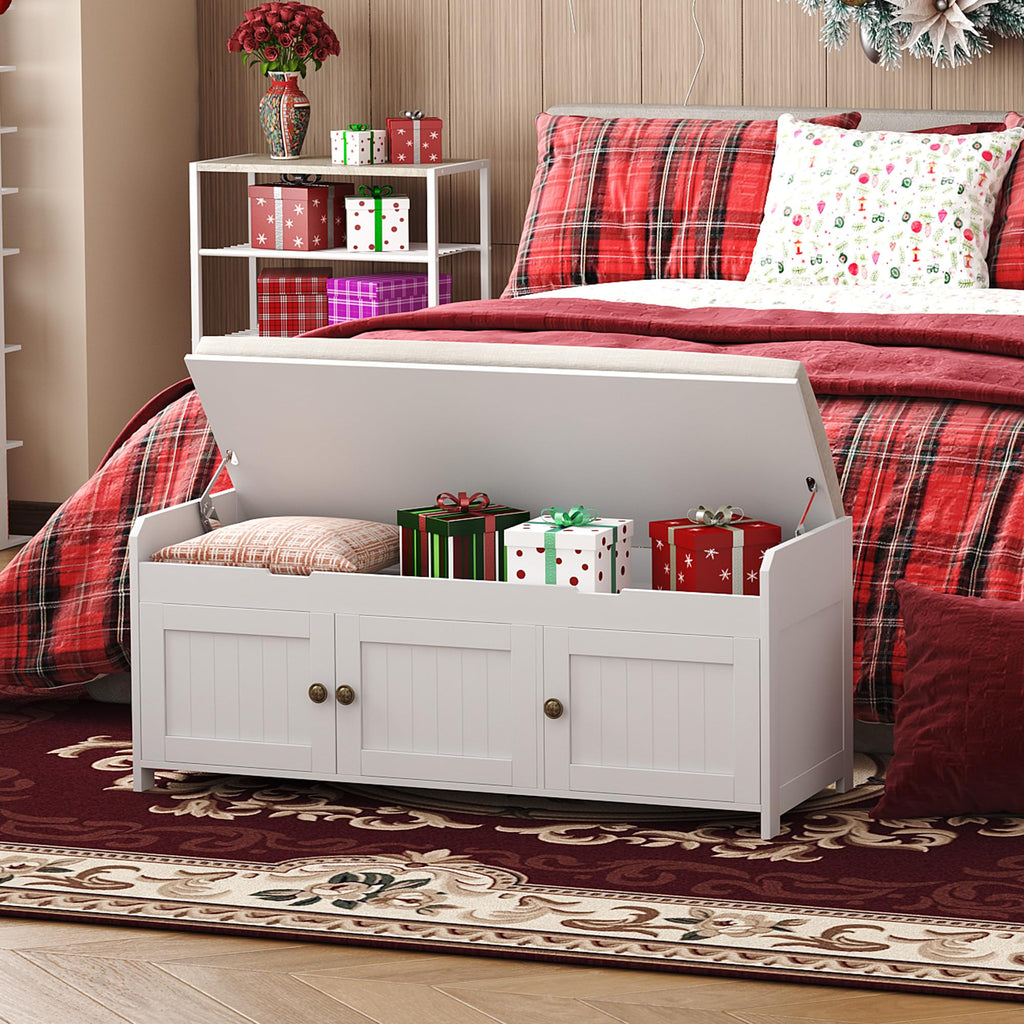 White Lift Top Storage Shoe Bench with Cushioned Seat G2486