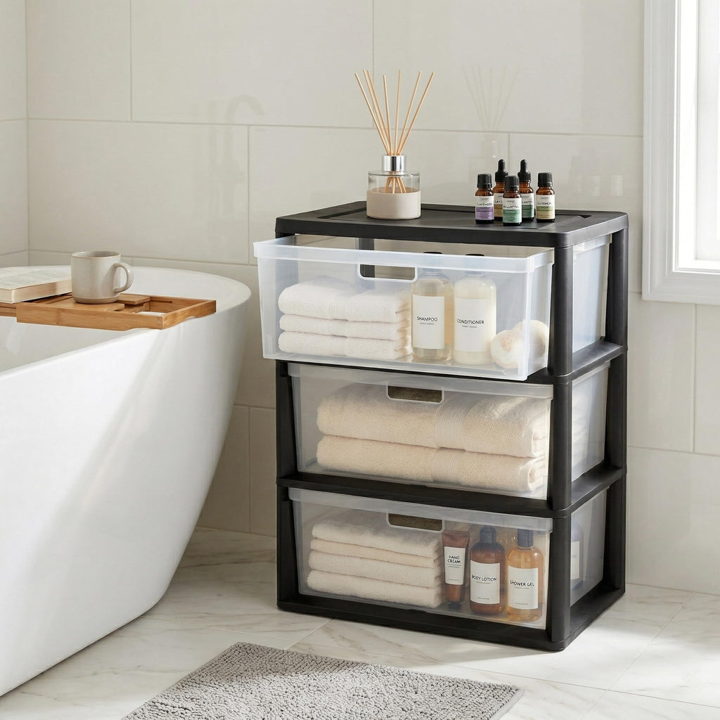 Black 3 Drawer Storage Organizer Tower with Clear Plastic Bins L1896