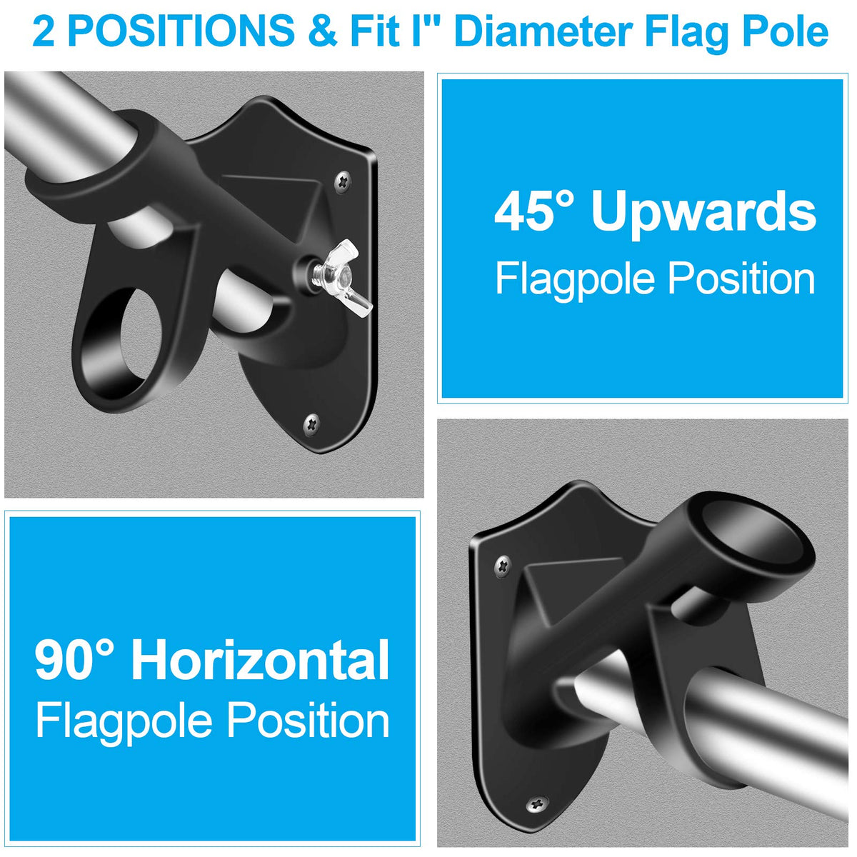1" Flag Pole Holder Brackets with Hardwares, Two Positions Aluminium Alloy Rust Free Coated, Black 1 Pack Z363
