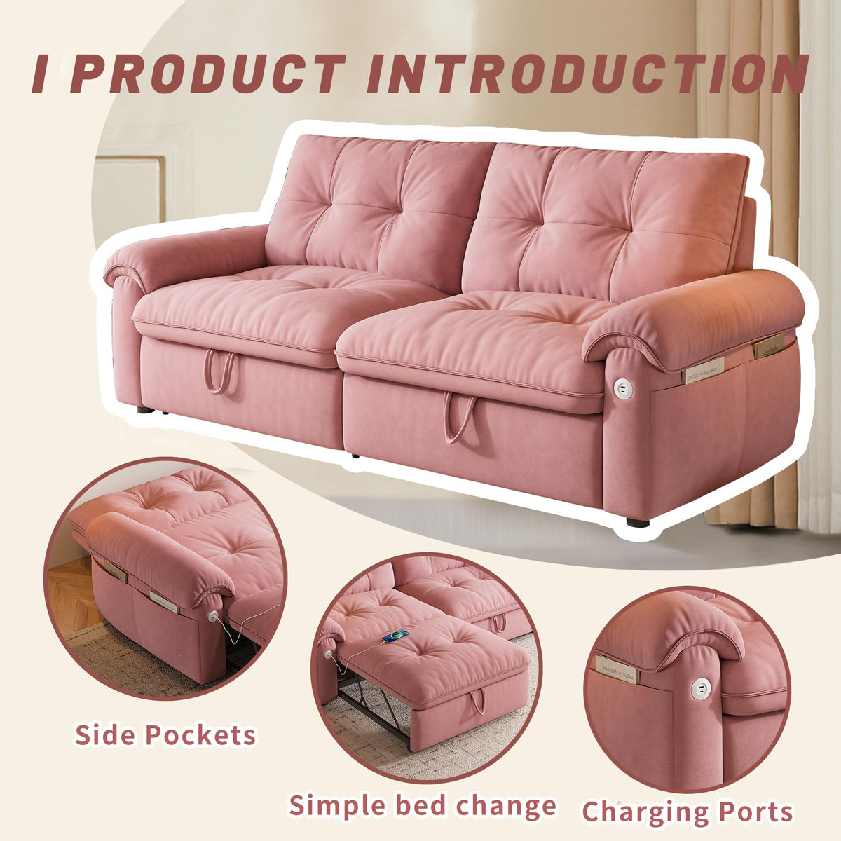 Queen Size Pink Sofa Bed with Pull Out Bed F37574