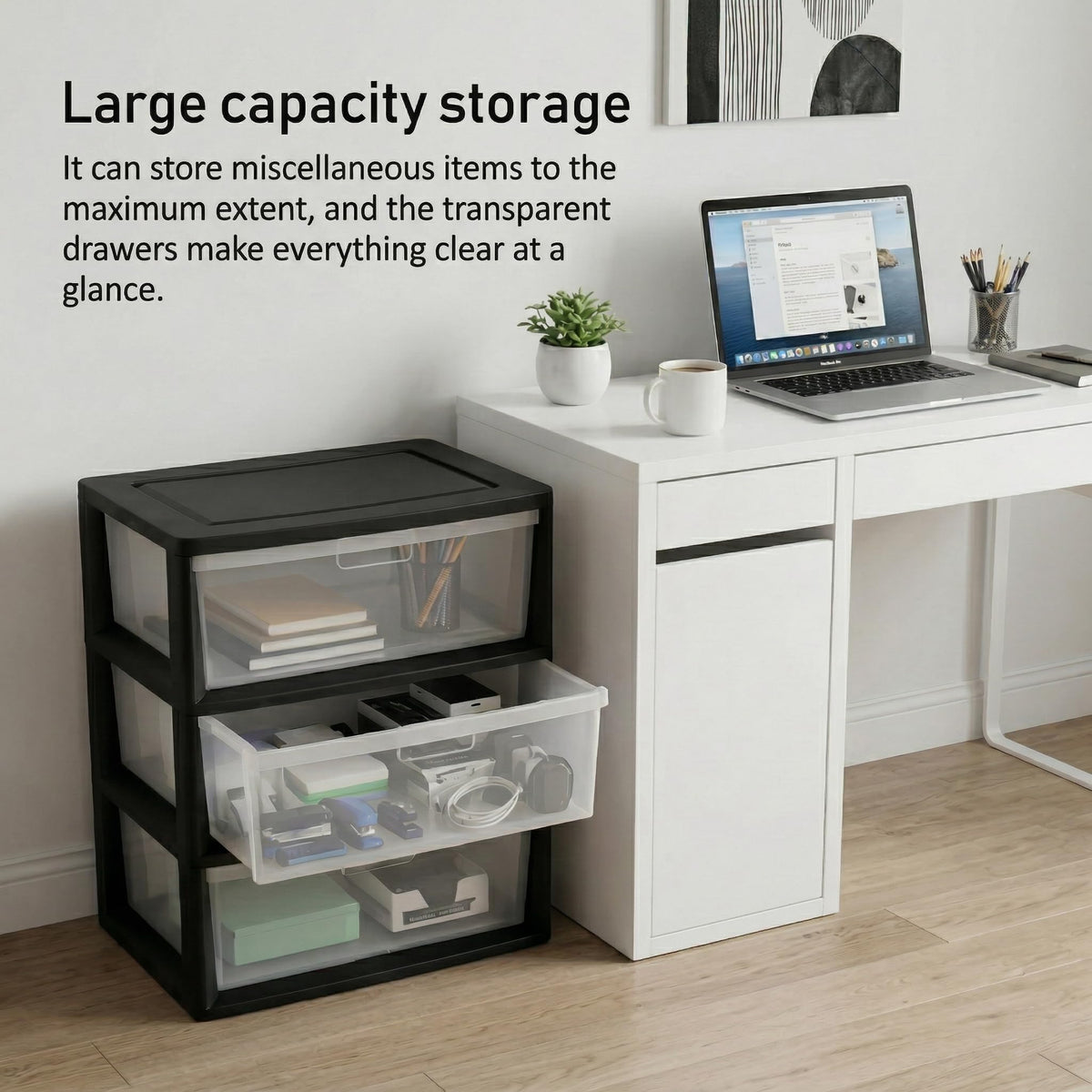 Black 3 Drawer Storage Organizer Tower with Clear Plastic Bins L1896