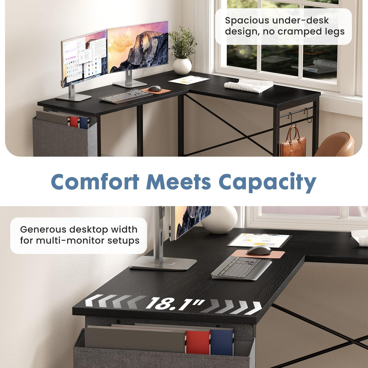 L Shaped Computer Corner Desk with PC Stand, Black W861