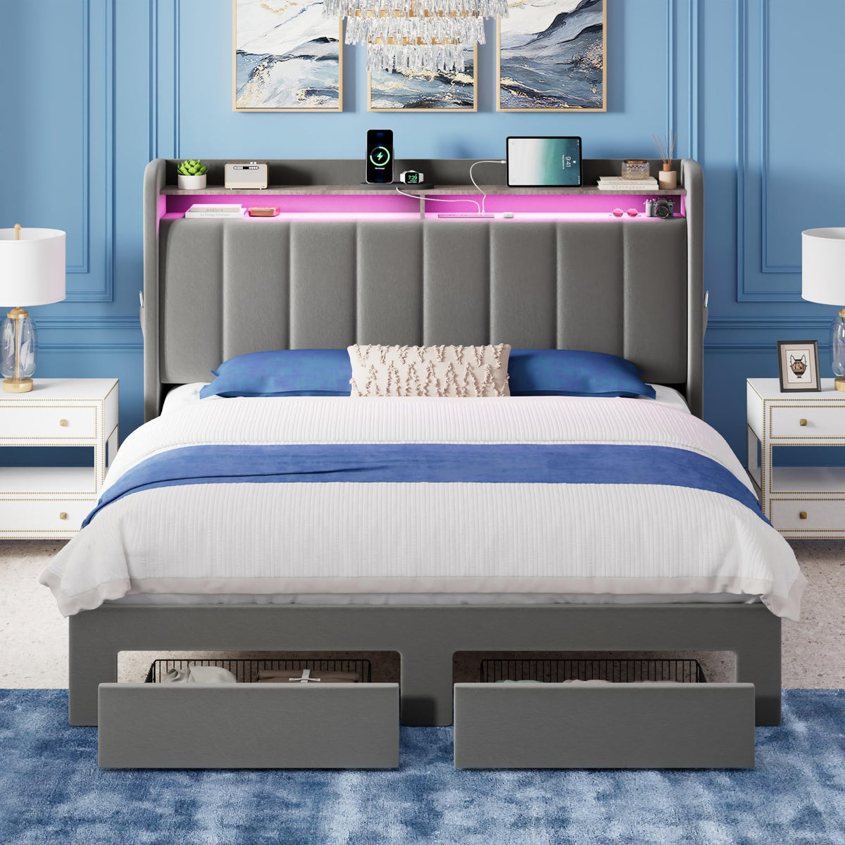 Full Size Bed Frame with Storage Headboard and Drawers B22462