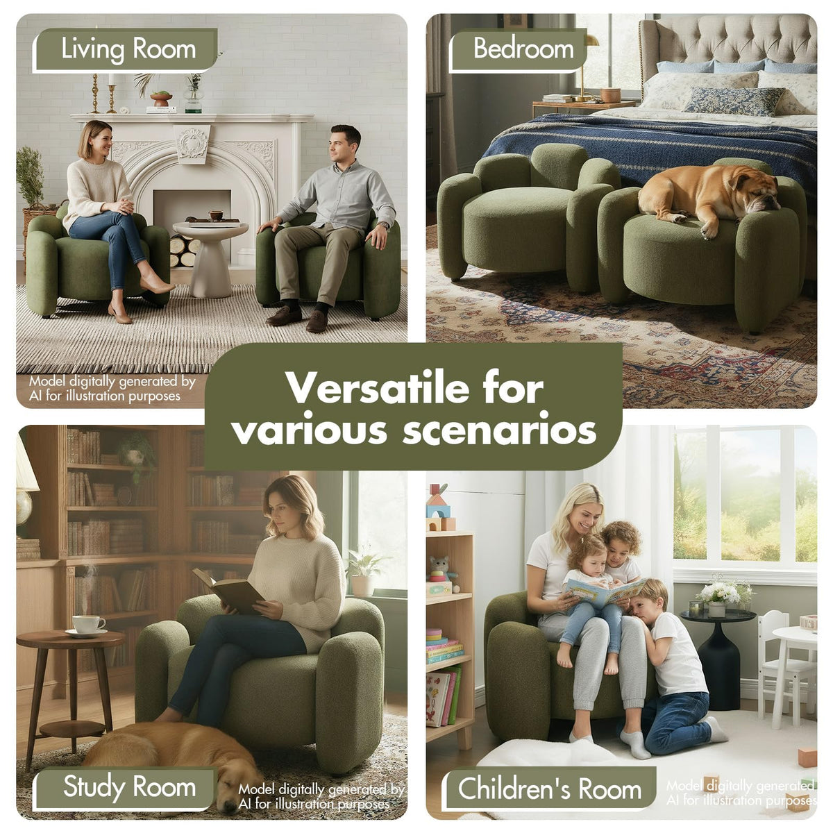 Green Mid-Century Modern Accent Chairs Set of 2 Upholstered Barrel Side Chairs with Solid Wood Base P797372