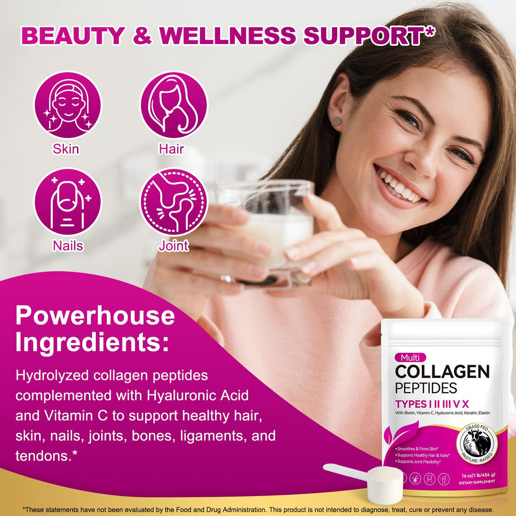 Multi Collagen Peptides Powder Type I II III V X 16oz Y341