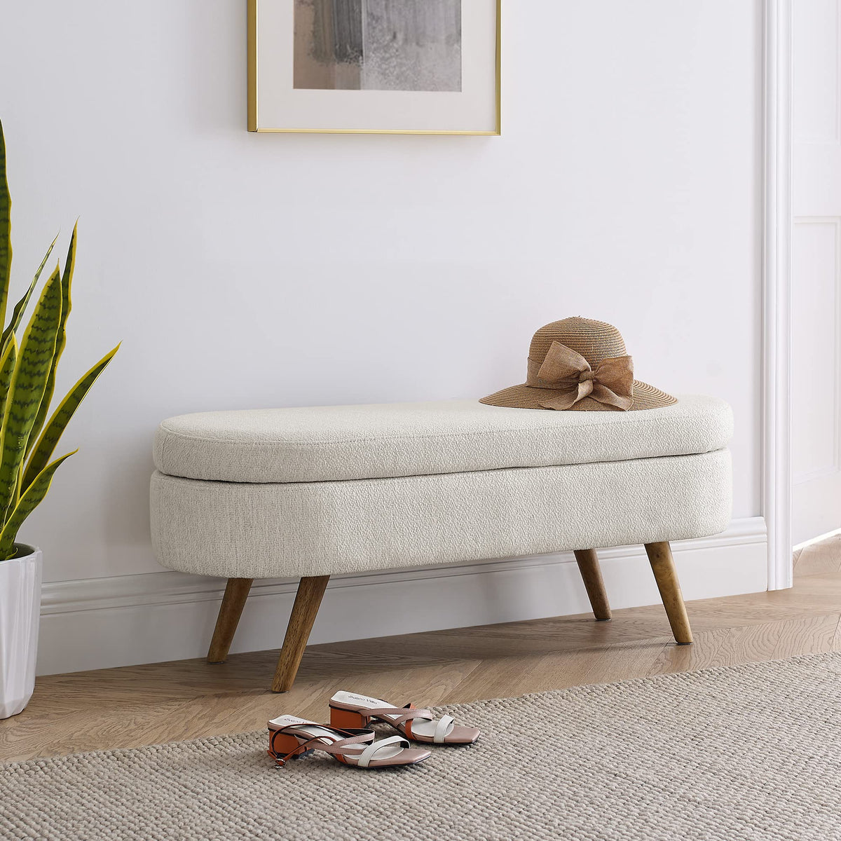 Beige Oval Storage Bench with Rubber Wood Legs Y137538