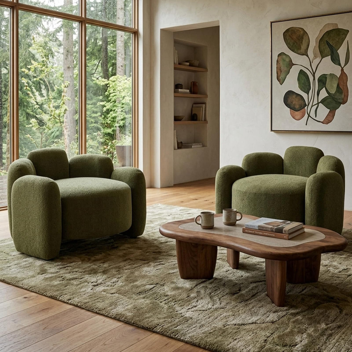 Green Mid-Century Modern Accent Chairs Set of 2 Upholstered Barrel Side Chairs with Solid Wood Base P797372