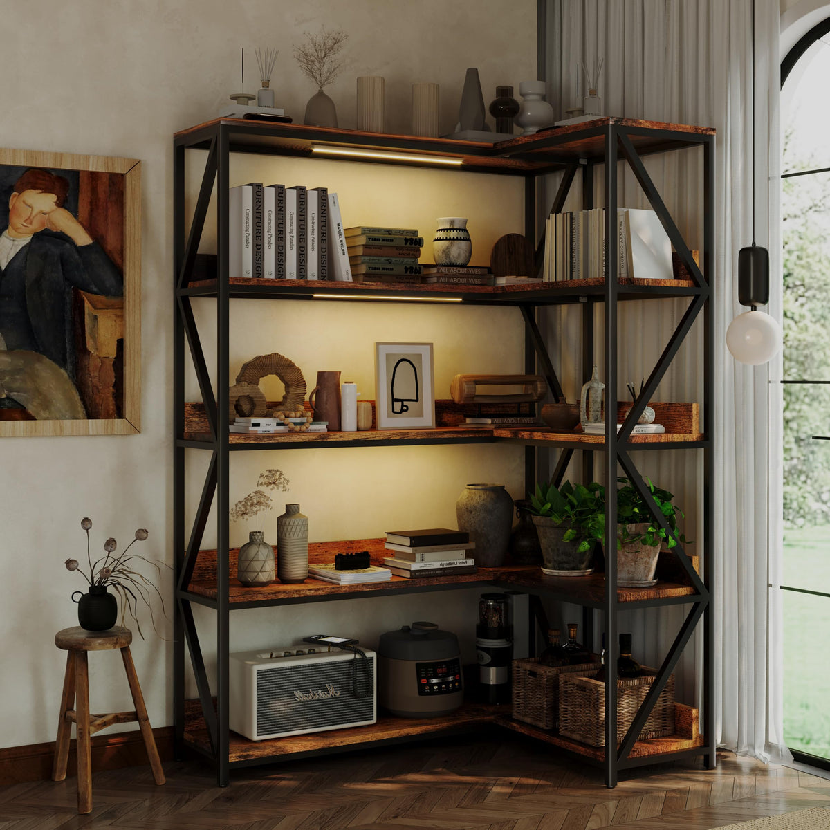 L Shaped 5 Tier Corner Bookshelf with Light A580