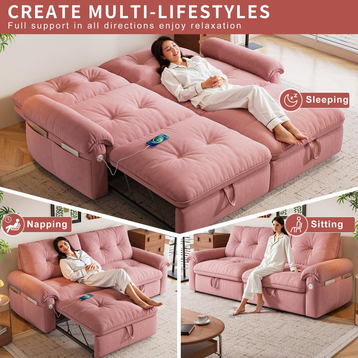 Queen Size Pink Sofa Bed with Pull Out Bed F37574